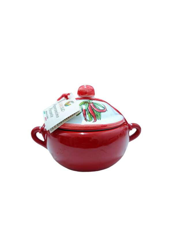 Pentolina in ceramica con peperoncino piccante a scaglie